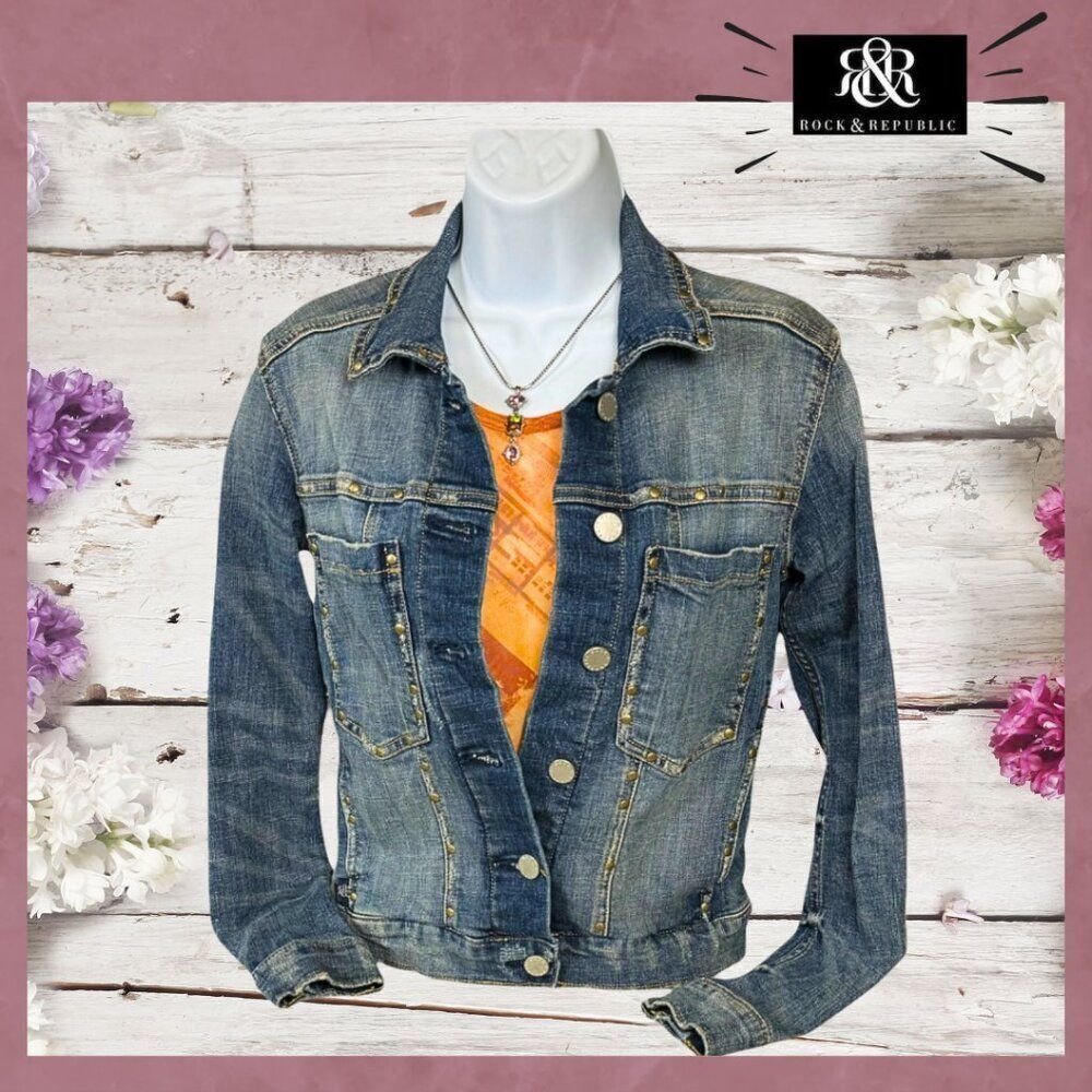 Rock & Republic RUNAWAY Denim Jean Jacket, Women's XS, Studded, Distressed EUC